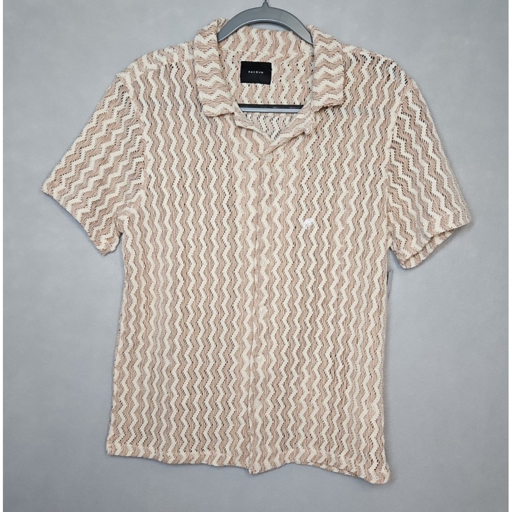PacSun Womens Brown White Crochet Button Up Short Sleeve Shirt Size Small NWT
